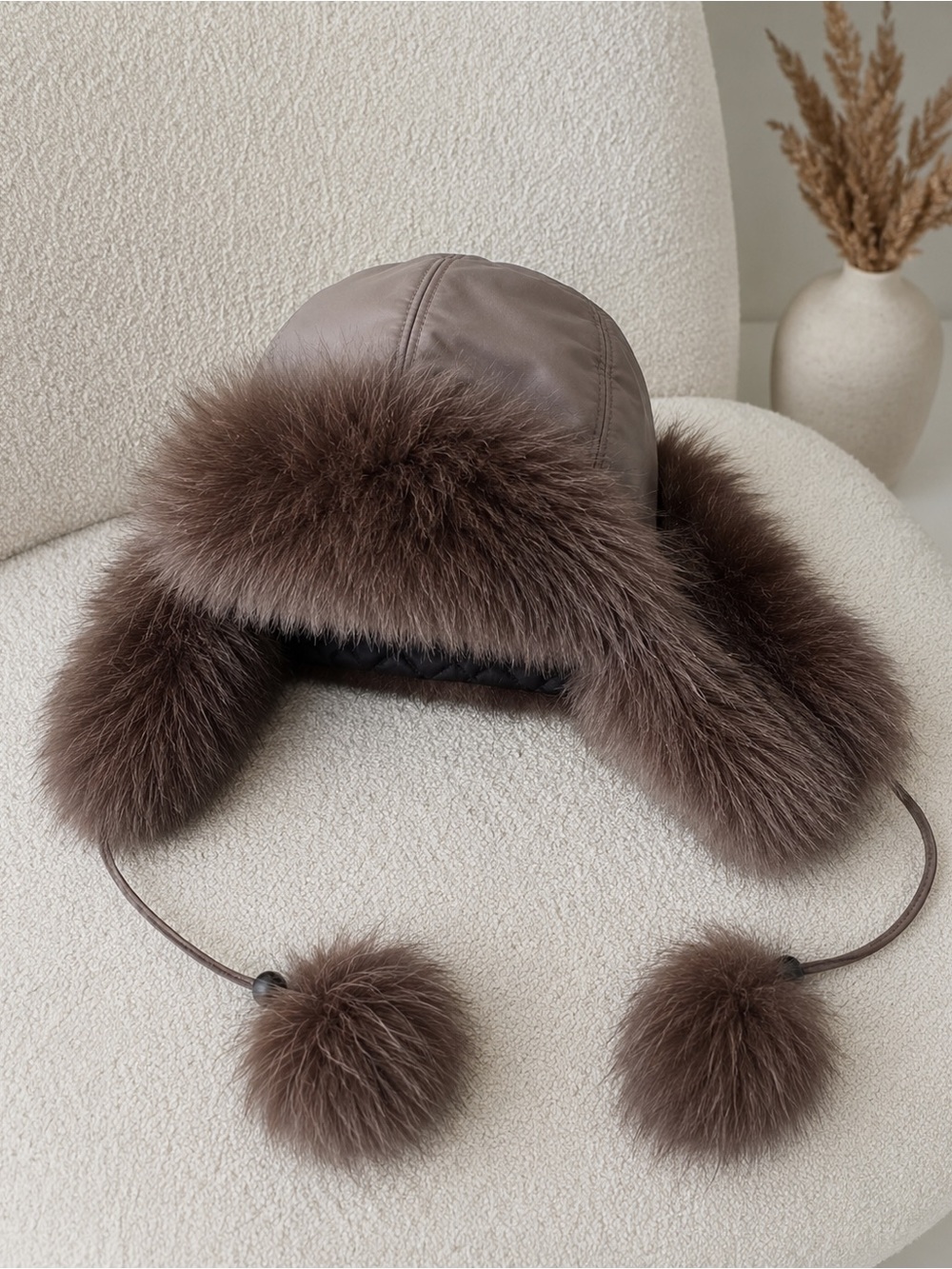 Vintage Genuine Brown Fox Fur Ushanka Hat with Pom-Poms